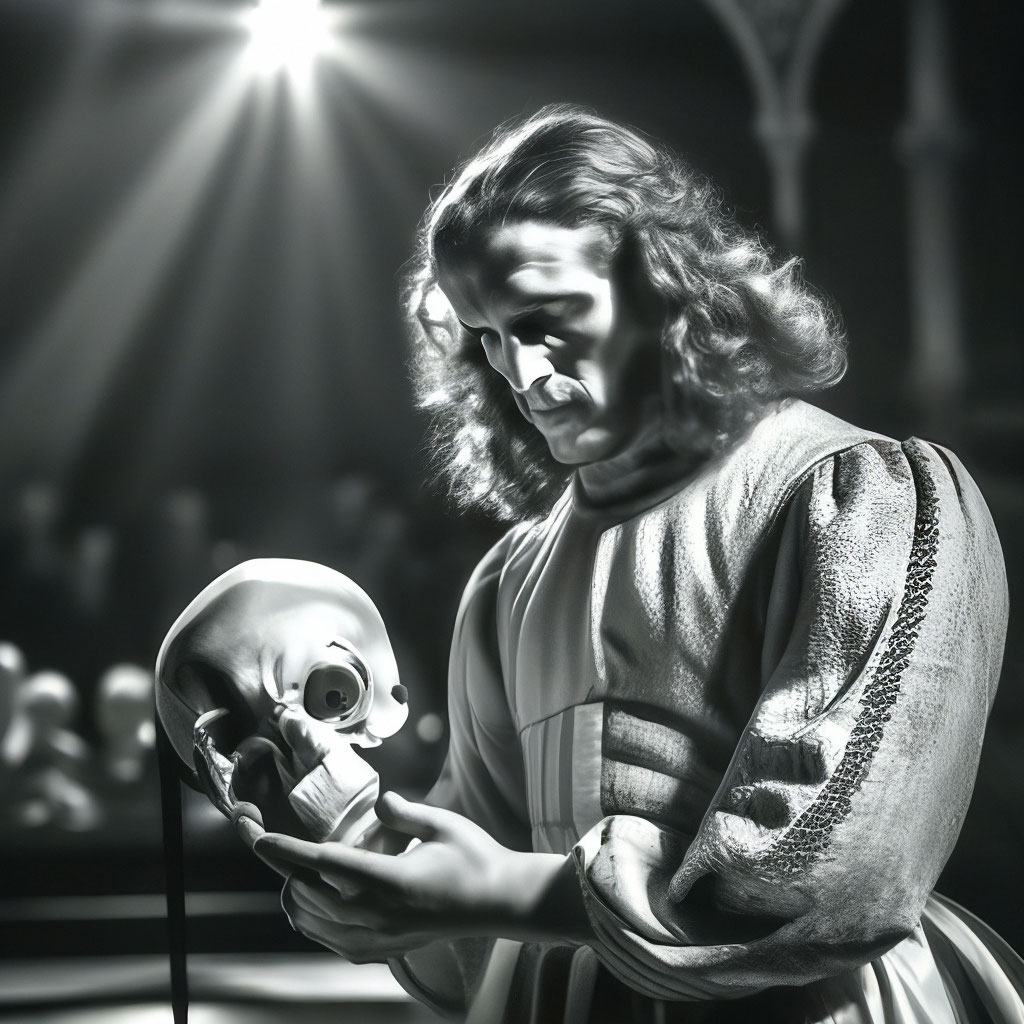 "Hamlet holds Yorick's skull on the stage of the theater, the spotlight ...
