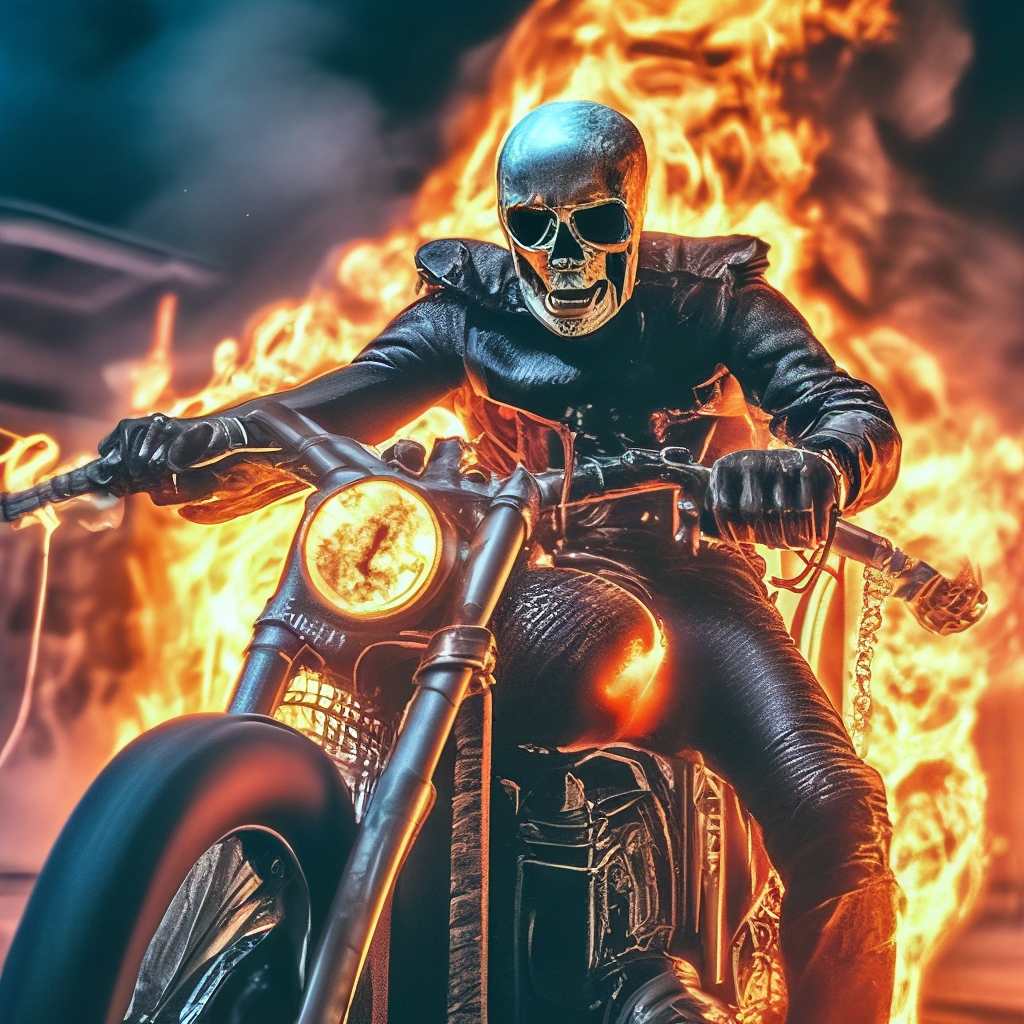 "Ghost rider+ burning skull+ fiery motorcycle+ black jacket+burning ...