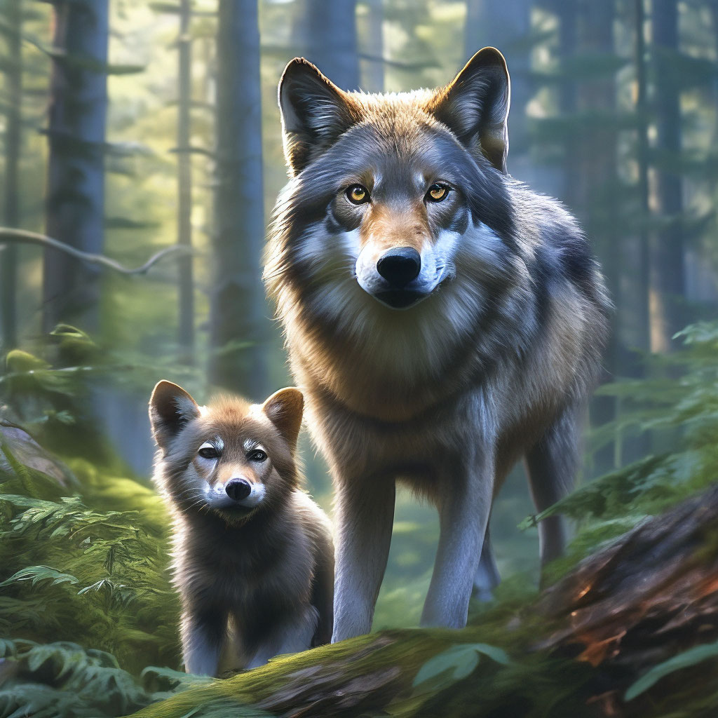 "A wolf with a cub in the forest, photorealistic" — image created in ...
