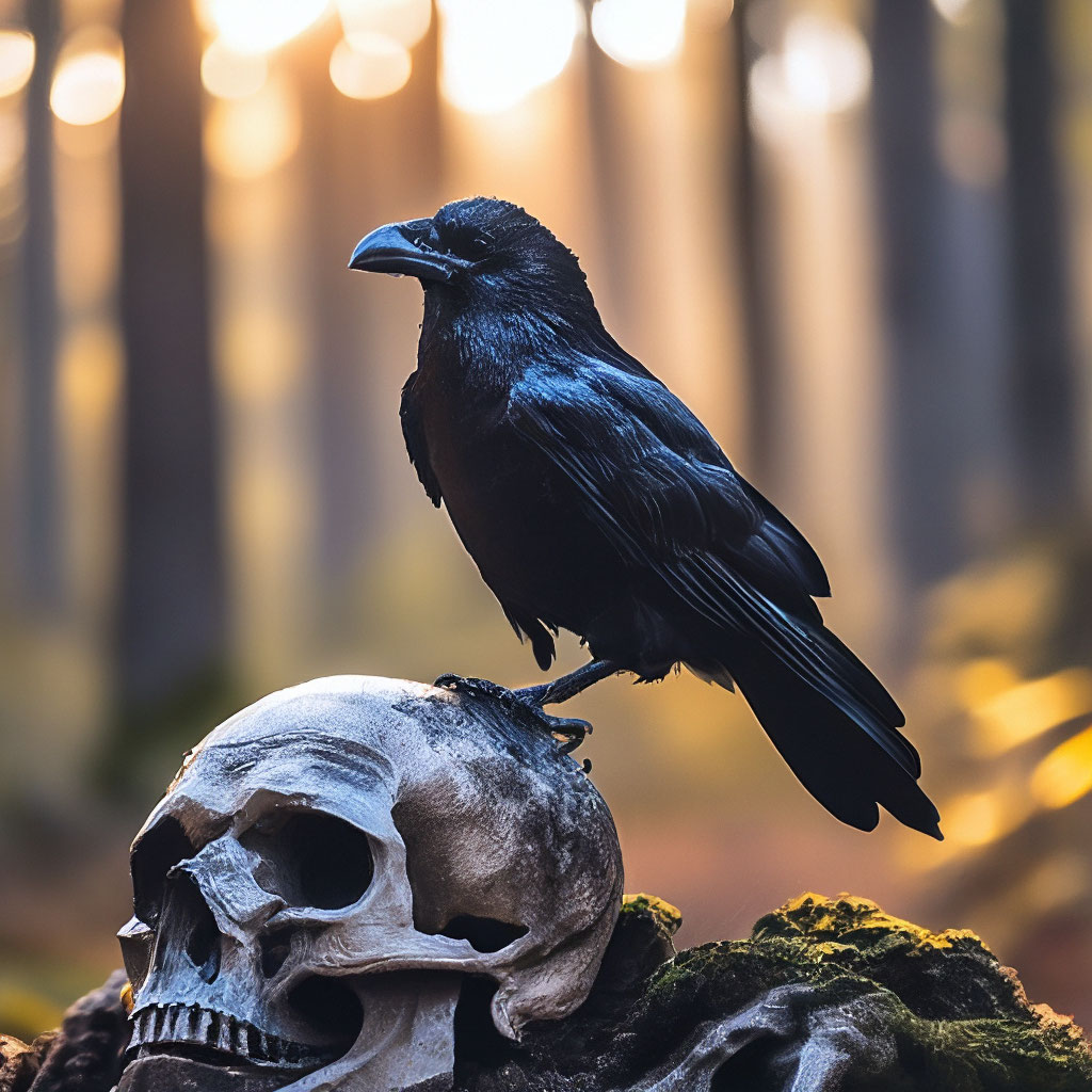 "A black raven is sitting on a skull, in the forest. , aesthetically ...