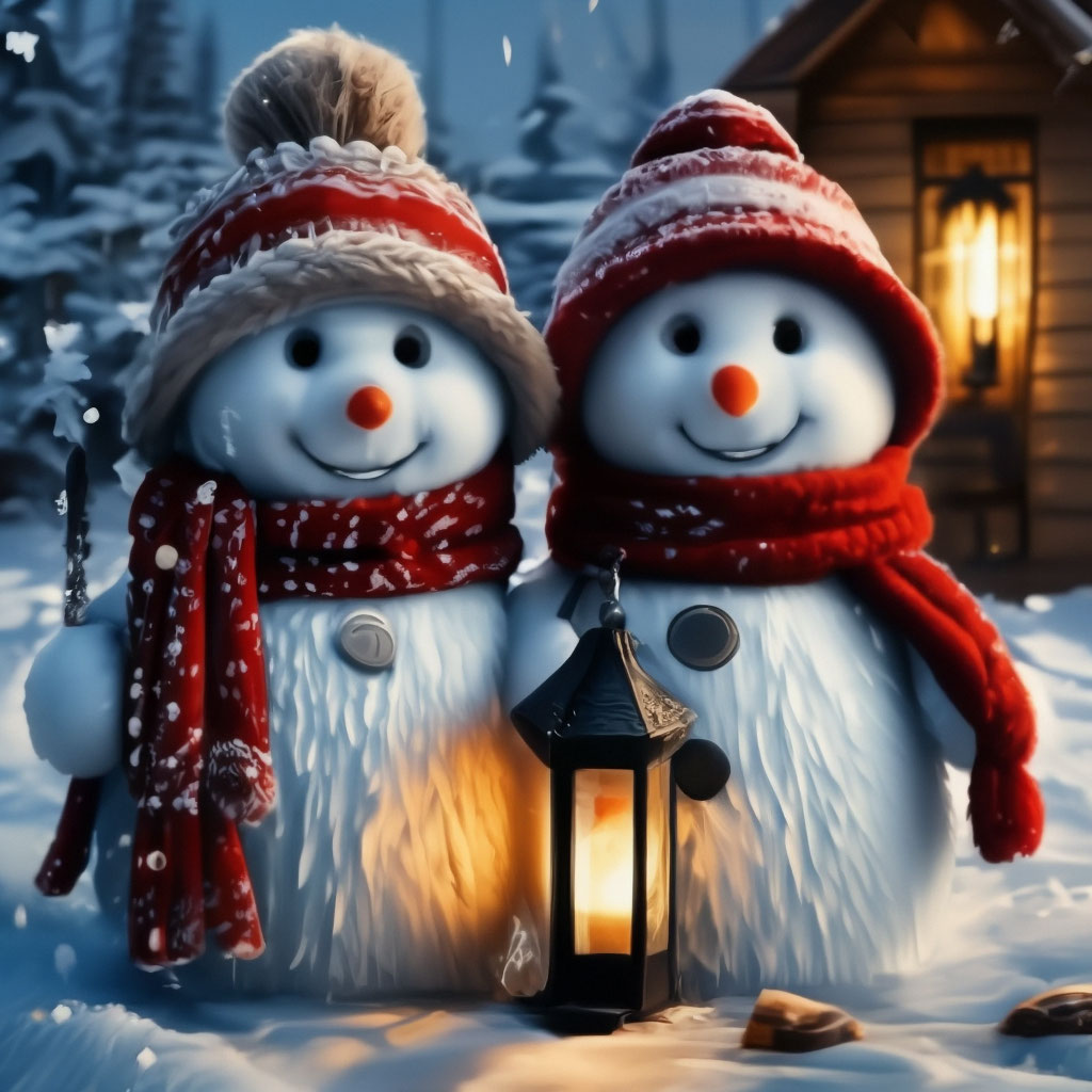 "Oil in large strokes, two cute Christmas snowmen in knitted hats with ...