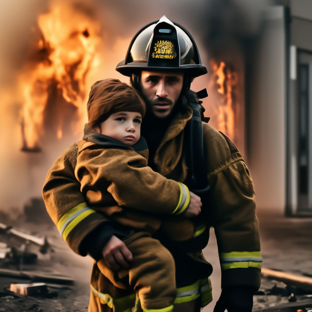 "A firefighter carries a child out of a burning house in his arms ...