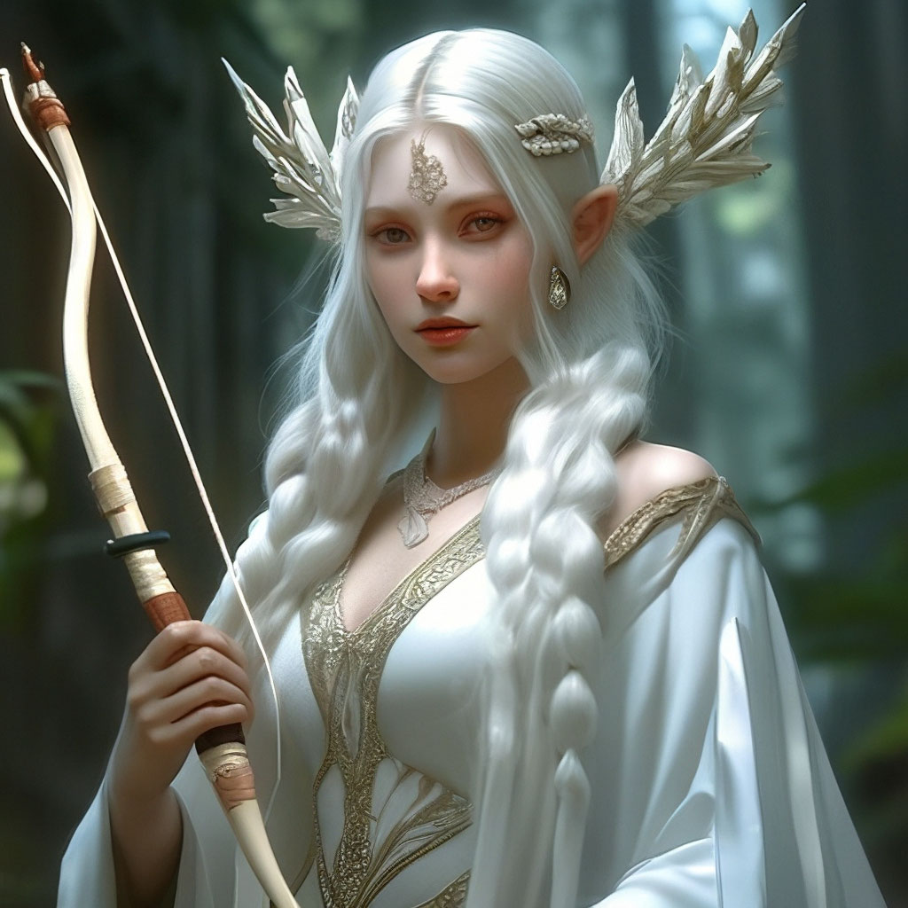 "An elf with long white hair in pigtails, dressed in a majestic robe ...