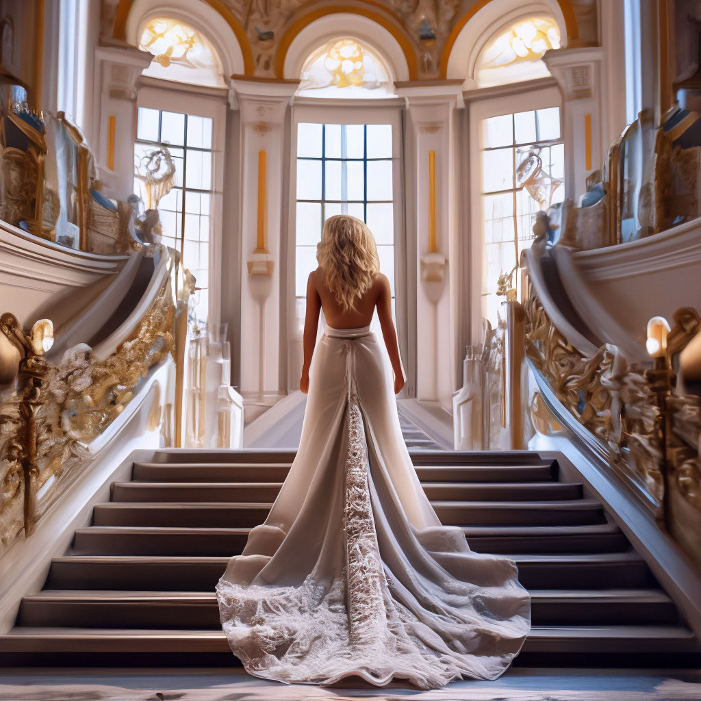 "Palace wide marble staircase up, an elegant aristocrat girl in a long ...