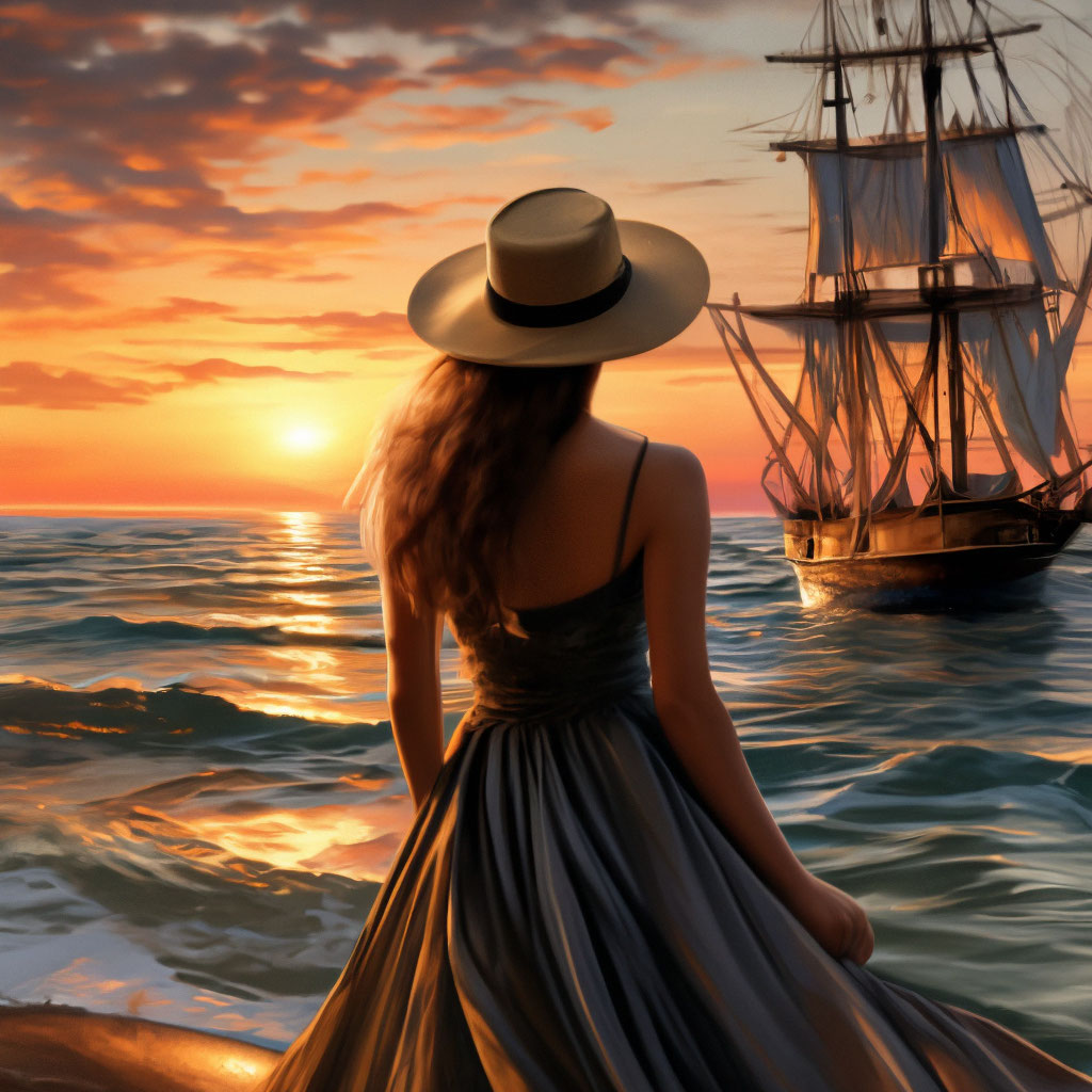 "Sunset on the sea, a schooner with sails in the distance, on the shore ...