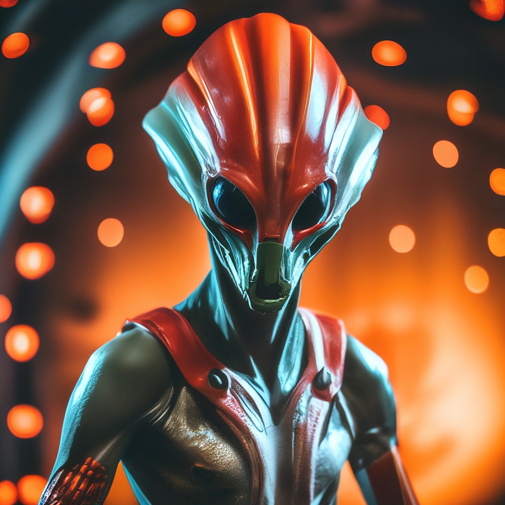 "The alien is standing right in the outfit with a red head and orange ...