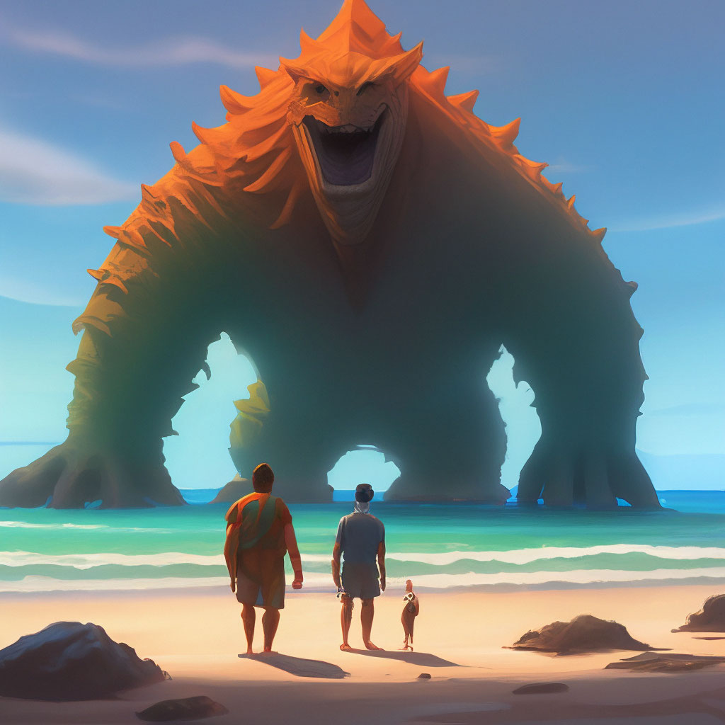 "A man and a monster standing side by side on the beach, justin gerard ...