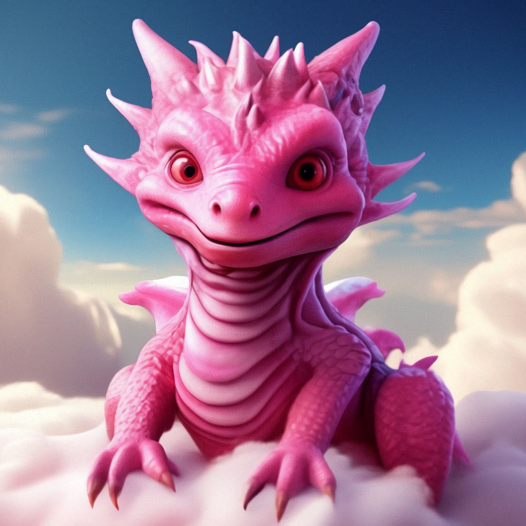 "A cute pink dragon sits on a soft fluffy cloud, fabulously, high ...