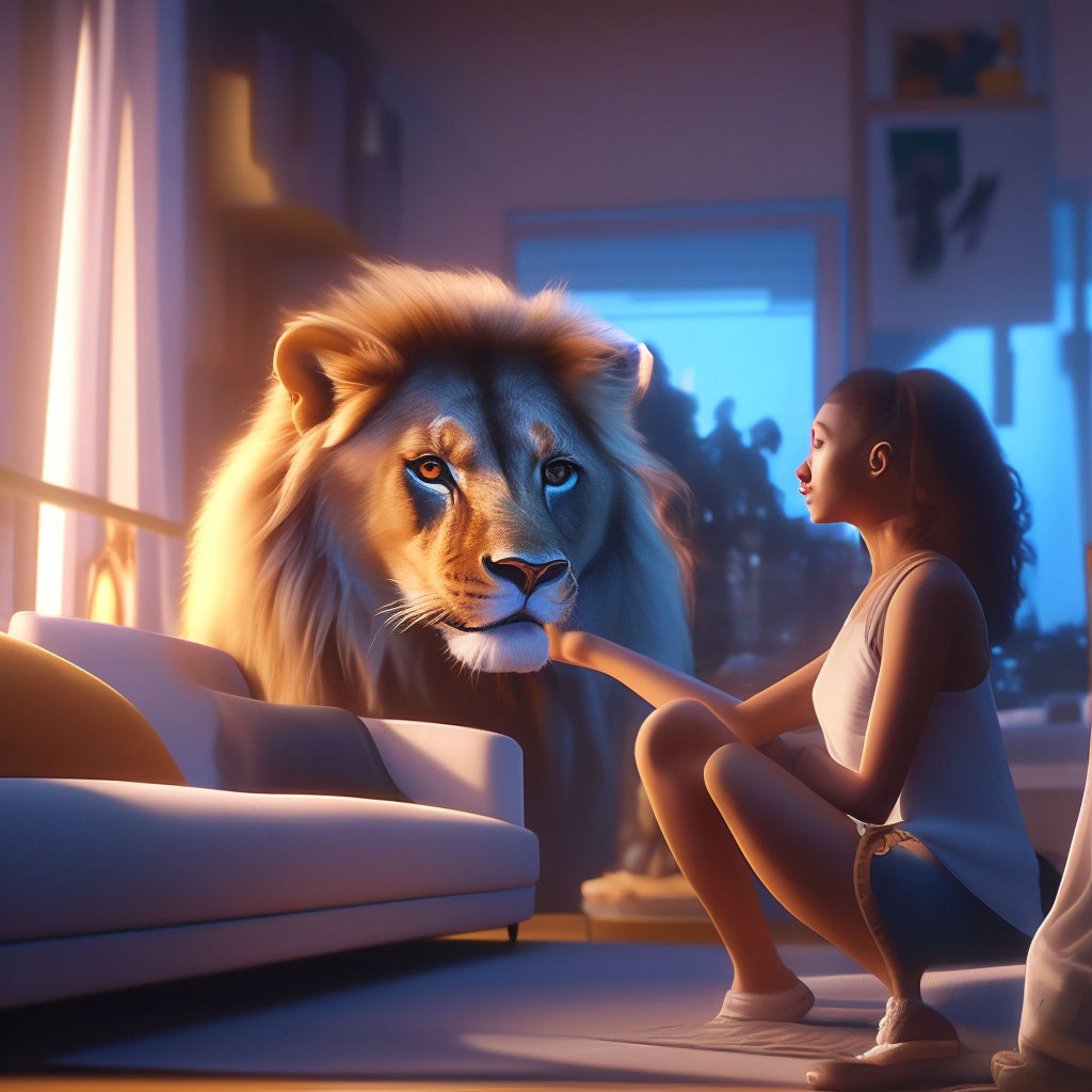 "There are paintings hanging in the apartment, a lion comes out half of ...