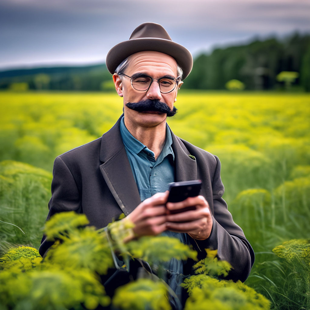 "A field of dill a man with a mustache and a phone, quality" — image ...