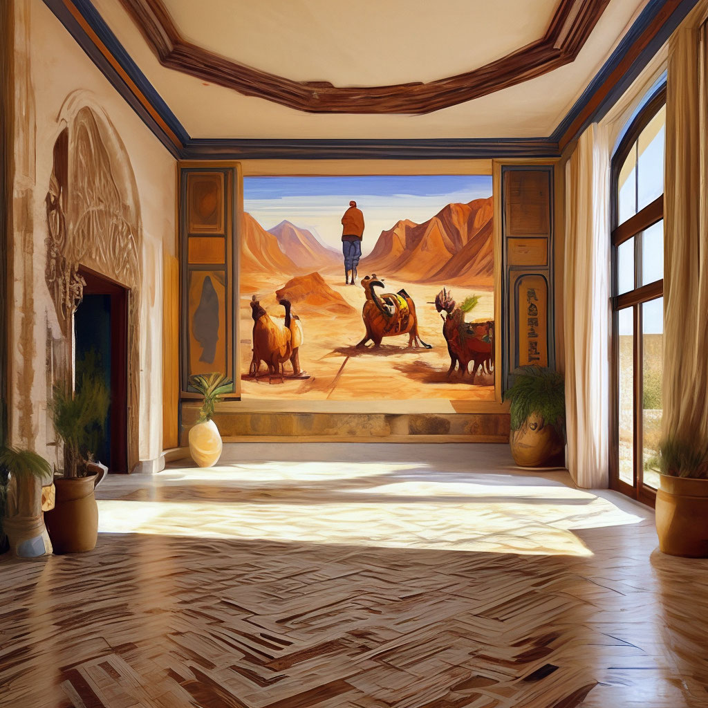 "Painting on the wall of the hall ,fresco,landscape, desert,camels ...