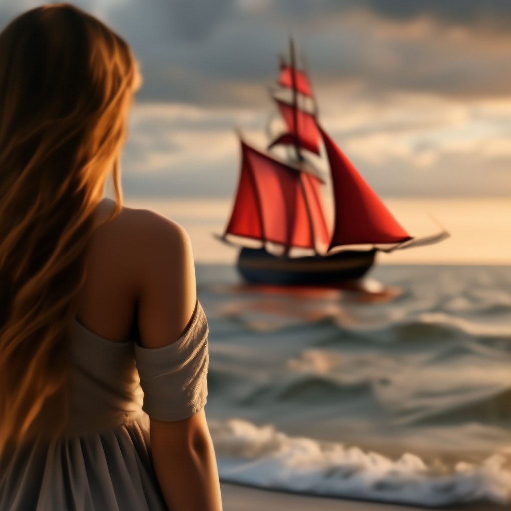 "A girl stands on the seashore, looks at a sailboat with scarlet sails ...