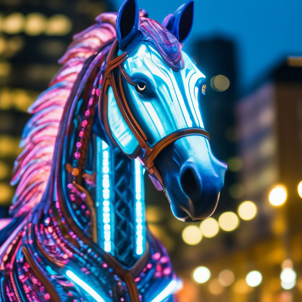 "Mythical neon horse in the city center" — image created in Shedevrum