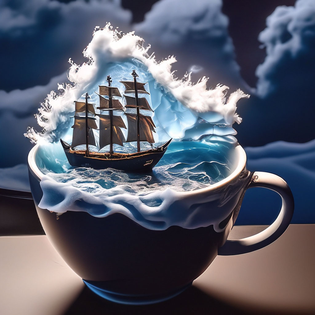 "Realistic storm in a tea mug, a ship floats on the waves+ coherently ...