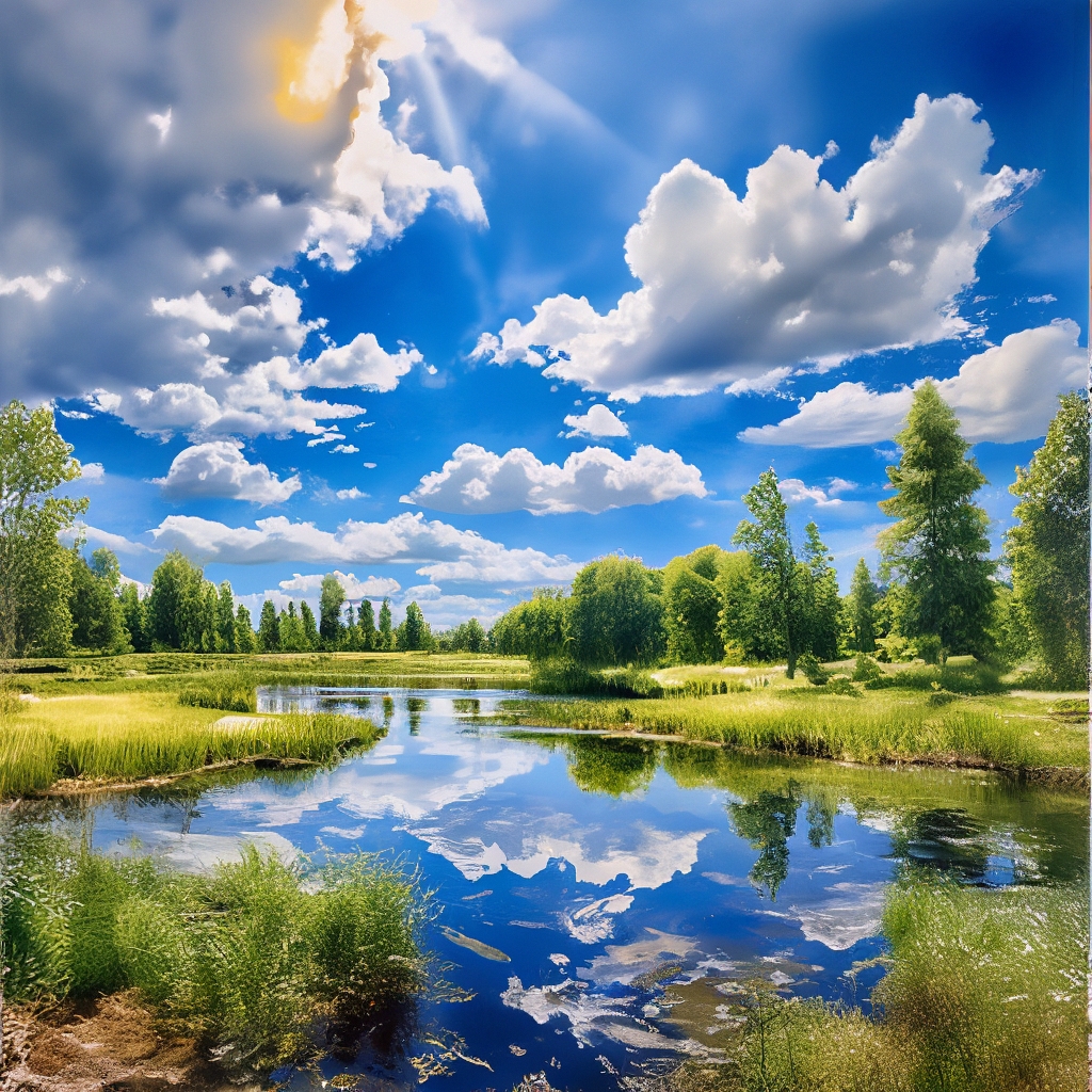 "Watercolor, landscape, small lake, clear blue sky with a pair of white ...