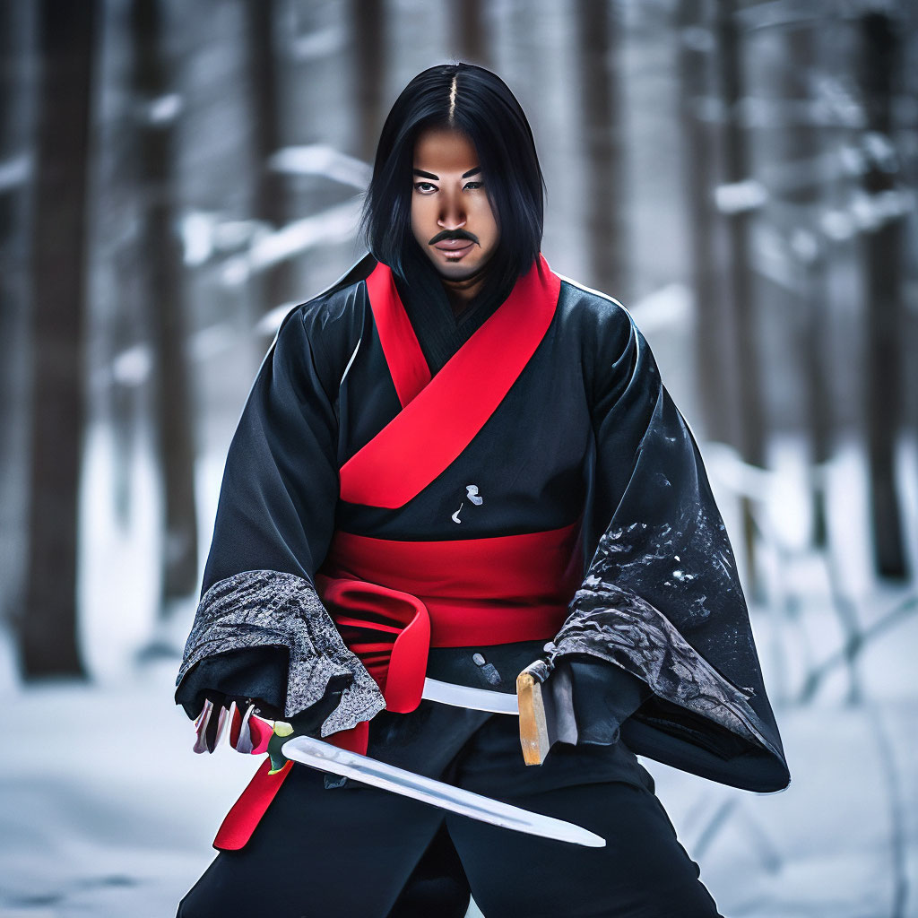Ninja. a black kimono. Katana. A red handkerchief