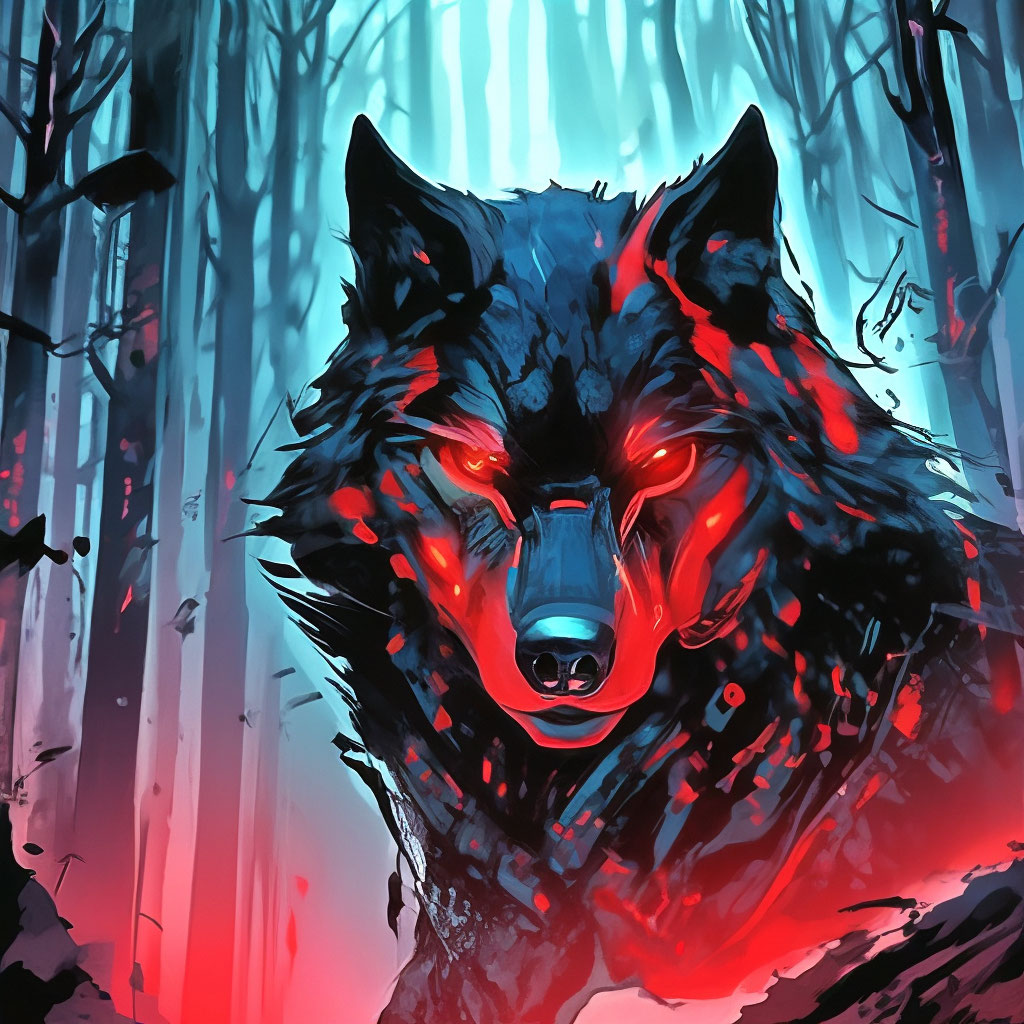 "A black wolf with red eyes in a dark forest" — image created in Shedevrum