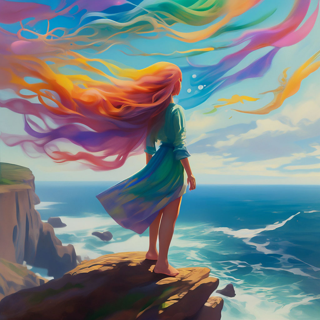 "A girl with multicolored long hair flowing in the wind hovers over a ...