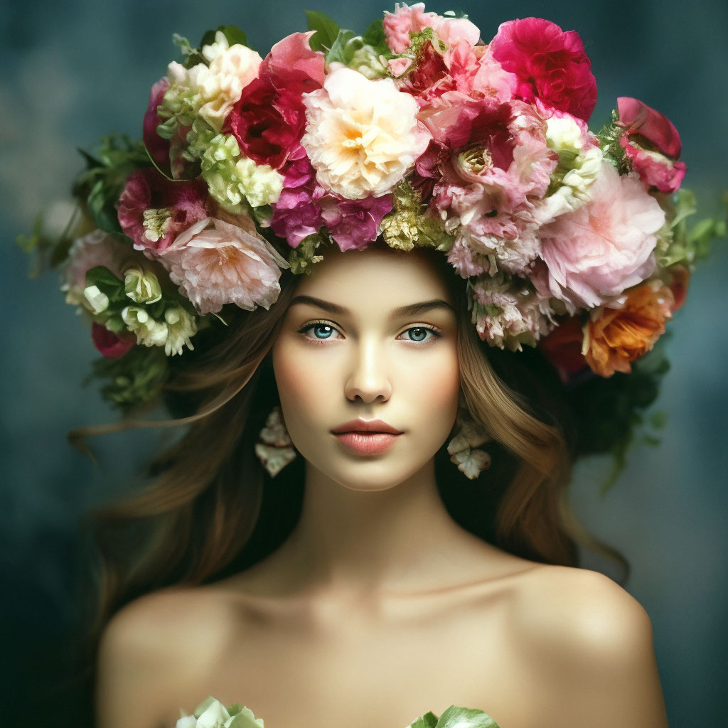 ". Fashion portrait of beautiful young woman with flowers on her head ...