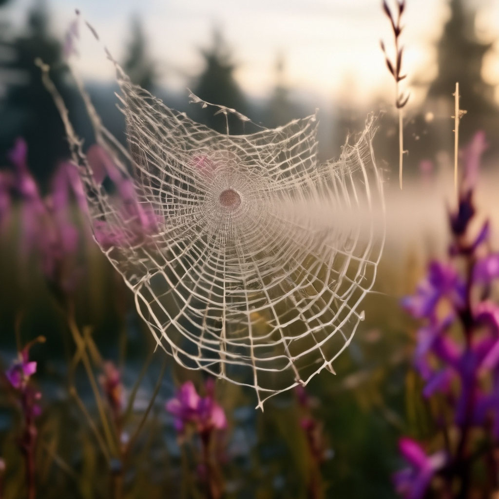 "Ivan-tea blooms spider web dew fog morning high detail super realistic ...