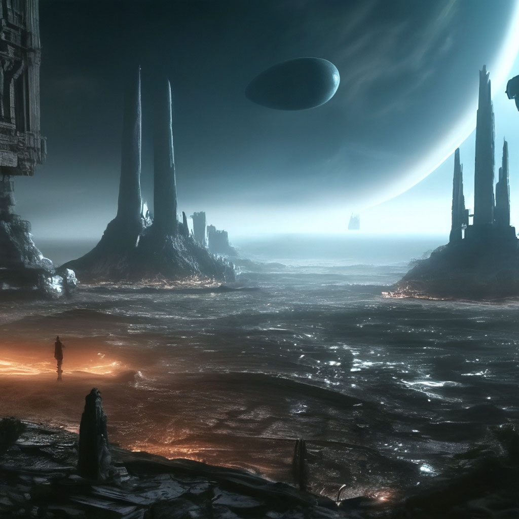 "Ruins of an alien city, creepy, against the background of dark space ...