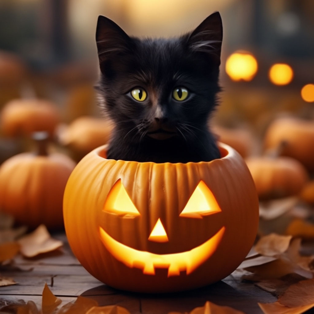 "With heluin 🕸 a cute black cat is sitting in a pumpkin with its eyes ...