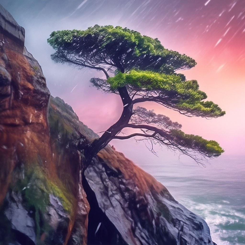 "A lonely pine tree on the edge of a cliff, rainy weather realistic ...