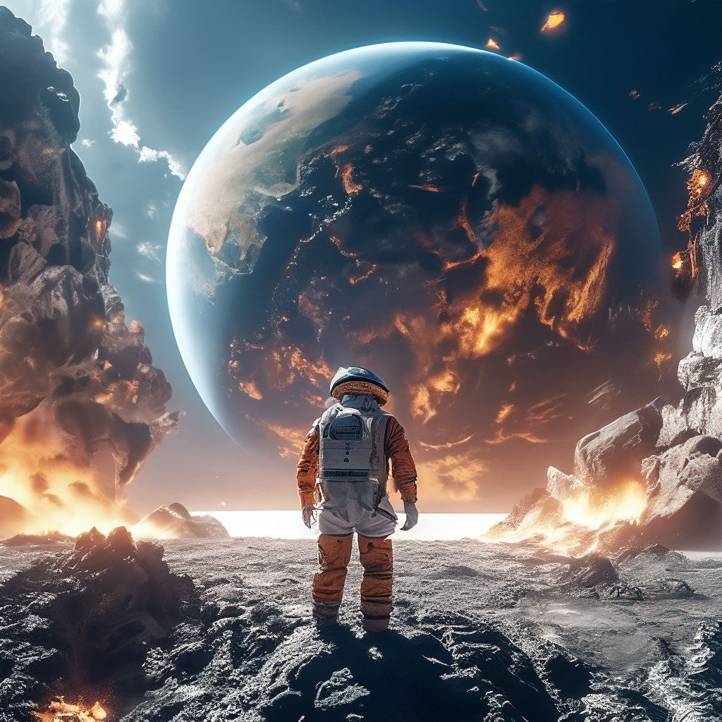 "An astronaut in space looks at the remnants of the exploded earth ...