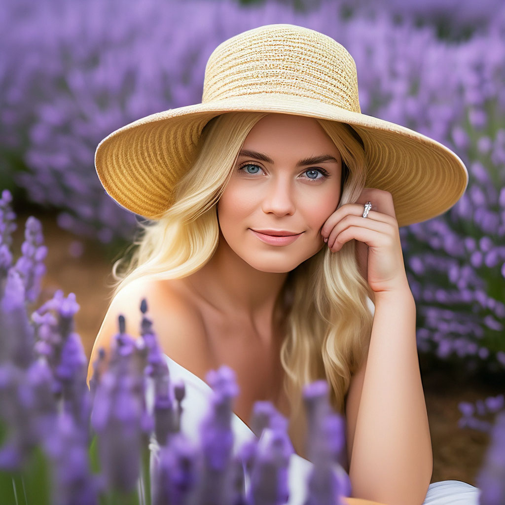"A girl with blonde hair close-up in a straw hat sits in a field of ...