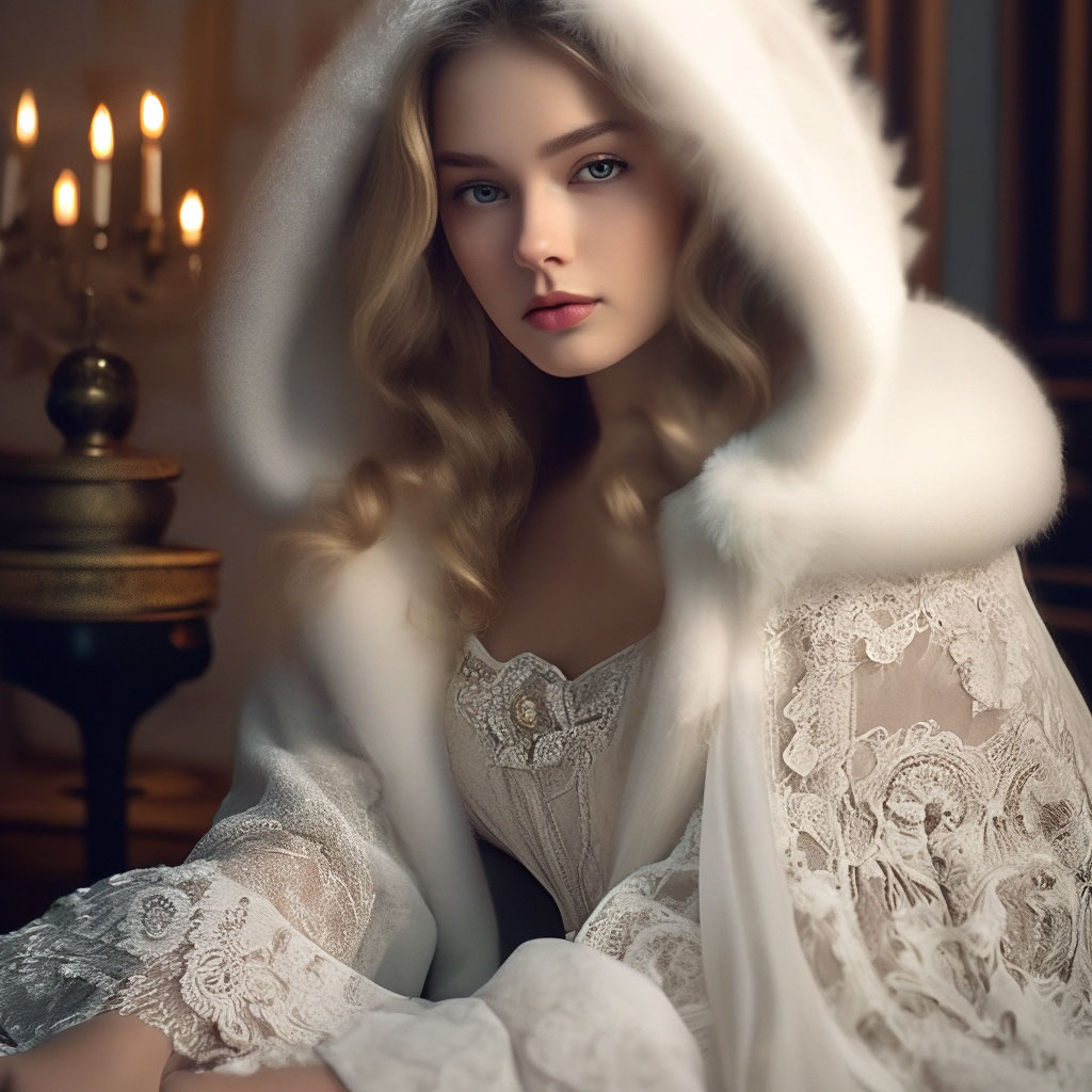 girl Victorian style sitting in a white fur coat on the floor, a ...