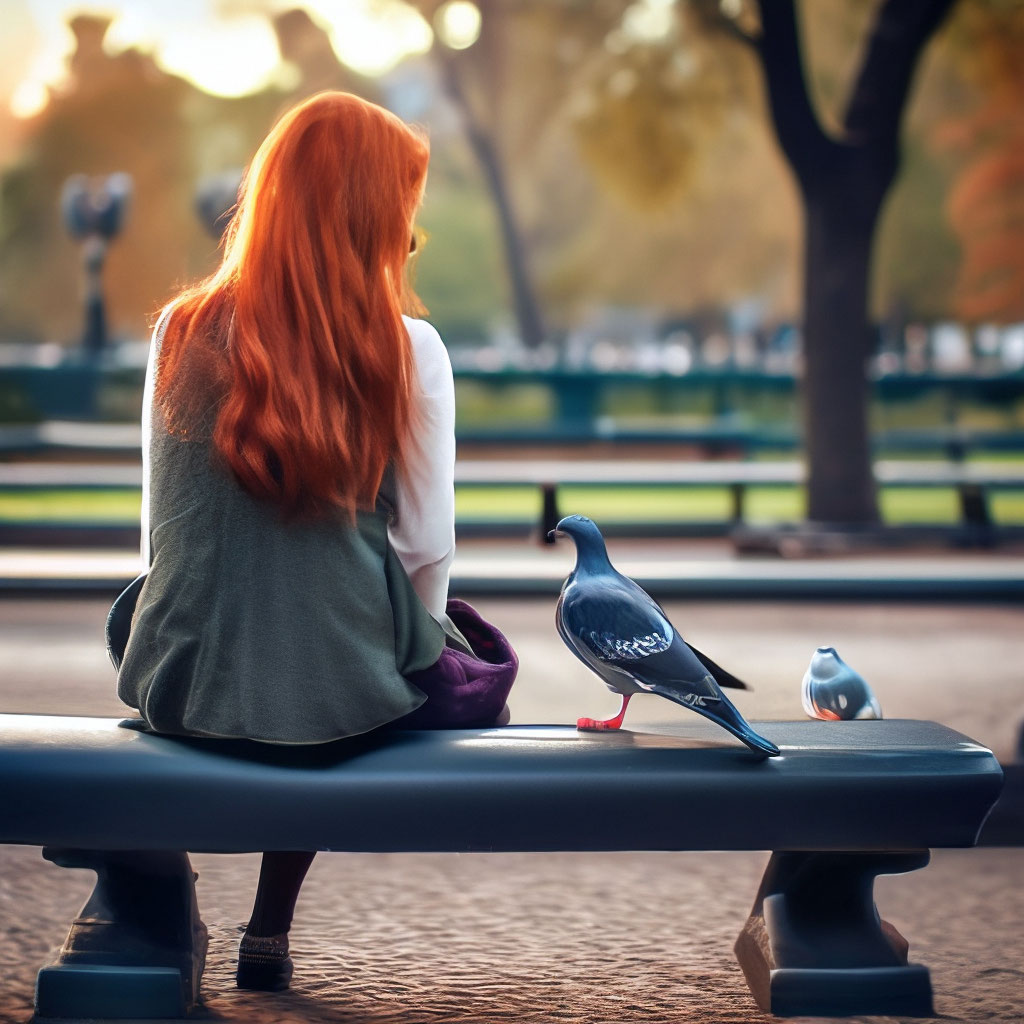 "A girl with long red hair is sitting on a bench in the park, looking ...