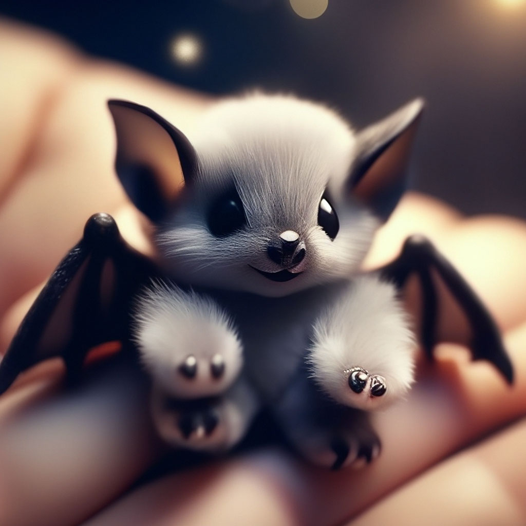 "Tiny fluffy cute bat wishes good night 😴 Cute wing paws , photorealism ...