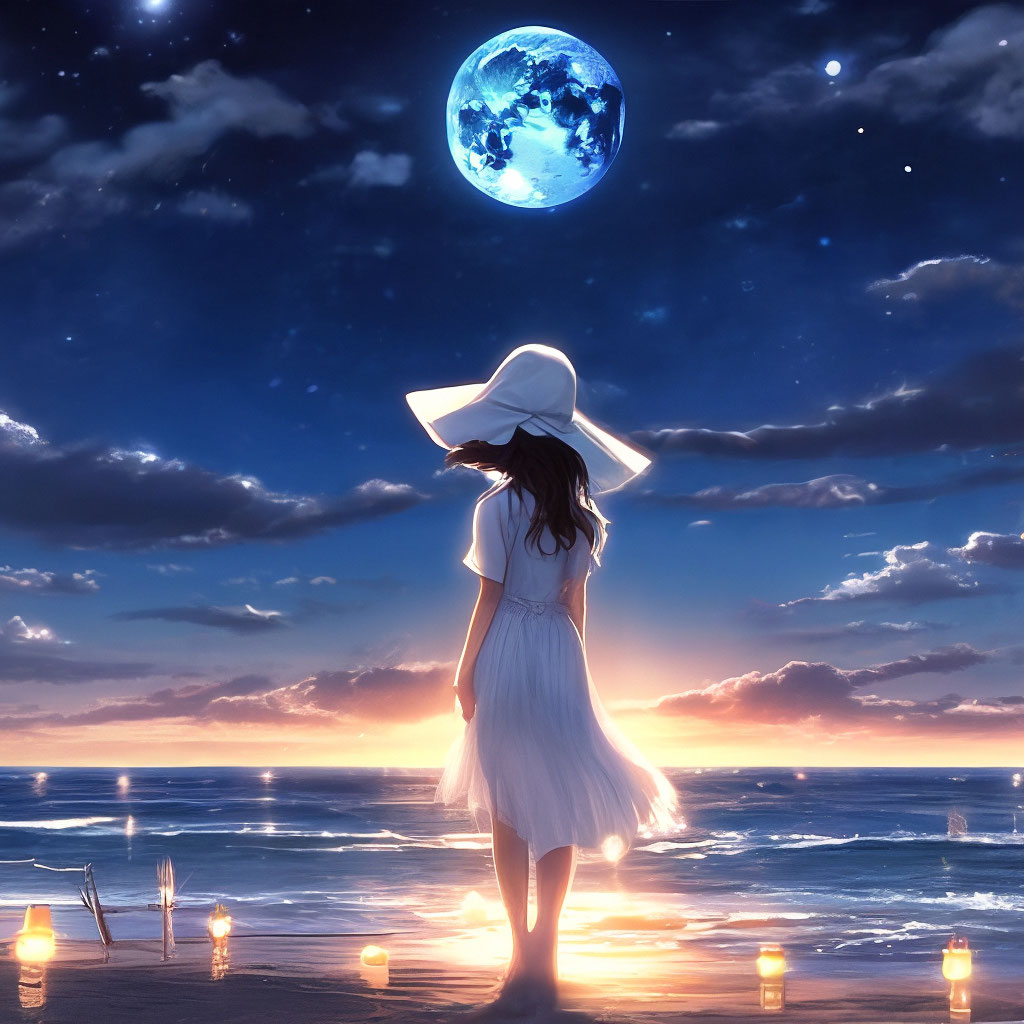 "A wide-brimmed white hat on a girl standing by the seashore in the ...