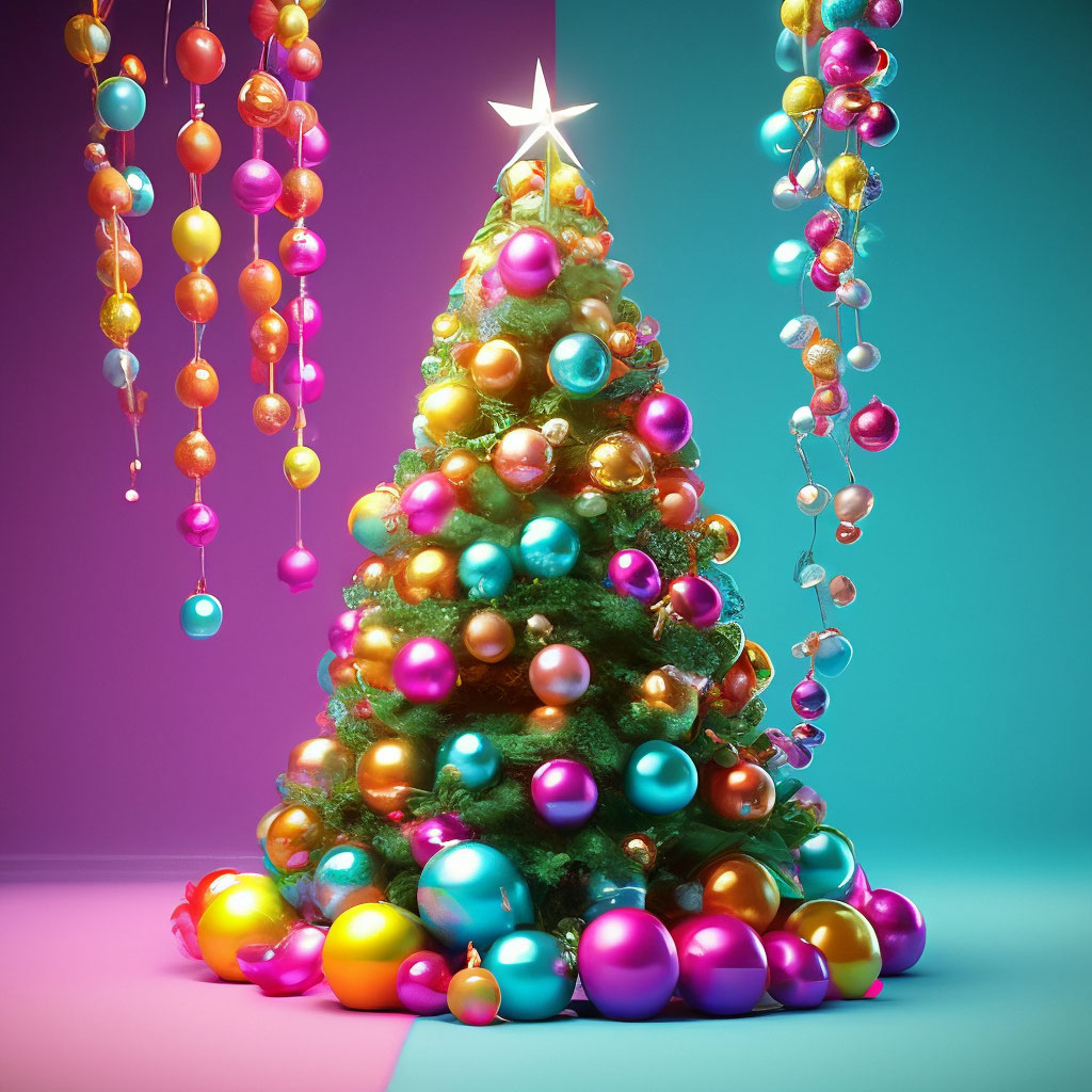 "The multicolored Christmas tree is covered with garlands and balloons ...
