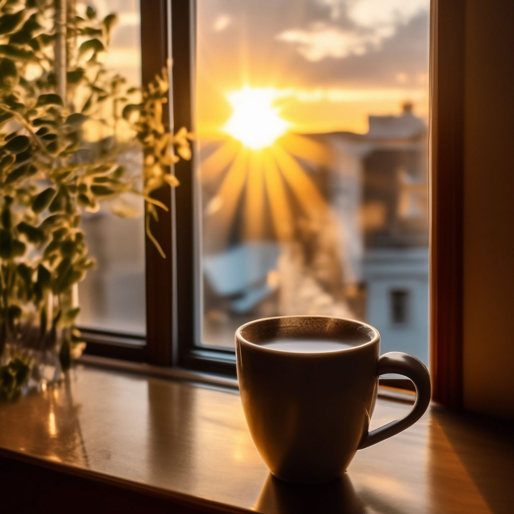 "Morning, sunrise, a cup of coffee is steaming on the windowsill, the ...