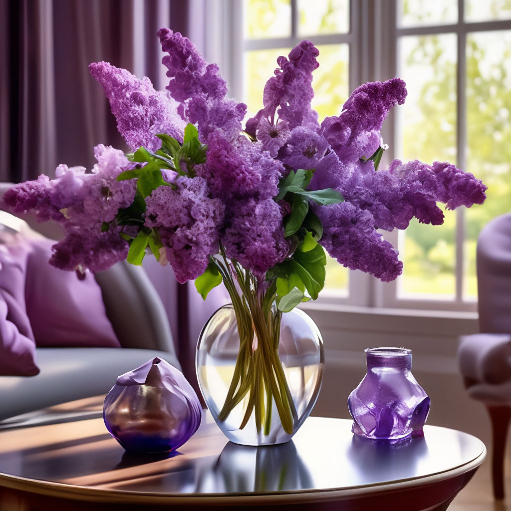 "A bouquet of lilacs in a wide crystal vase stands on the table in the ...