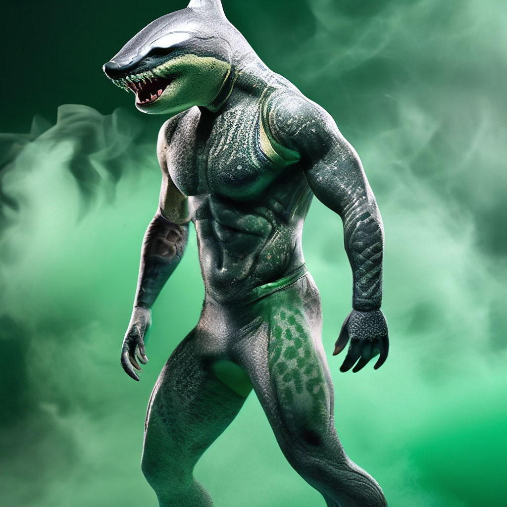 "Half man half shark shark head human body, against a background of ...