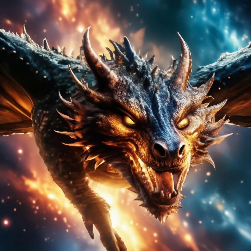 "The manul dragon is flying in space, its eyes are glowing around ...