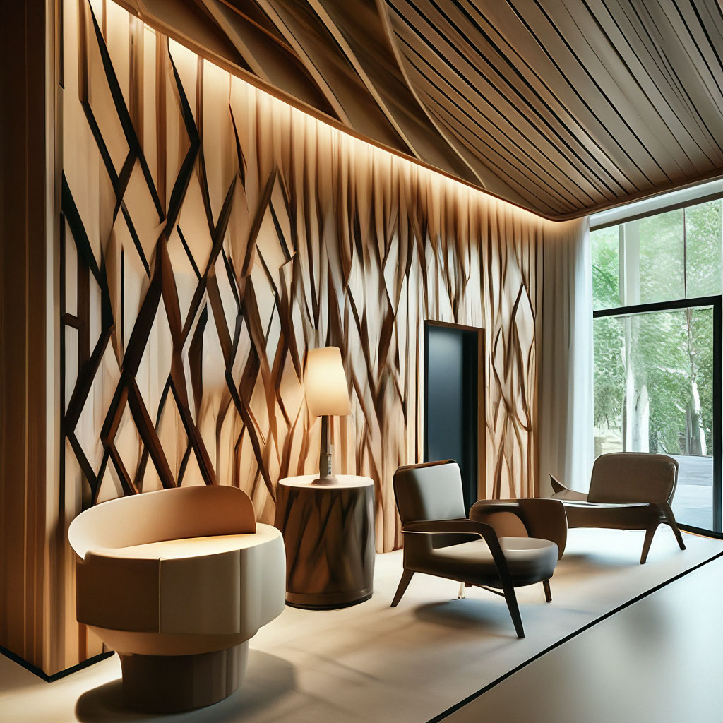 "Interior, emphasis on geometric wooden wall panel" — image created in ...