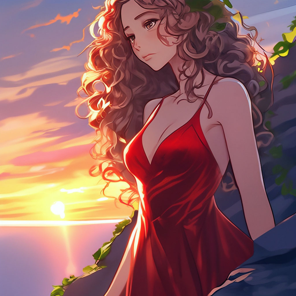 "A girl with long curly hair in a beautiful red dress stands on the ...