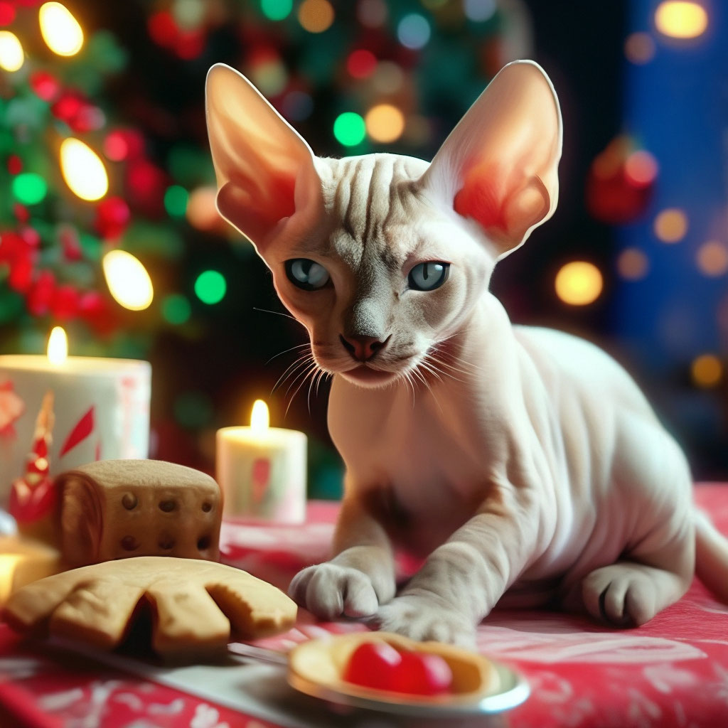 Cute sphinx kitten. Eating gingerbread for Christmas! Hooray ...