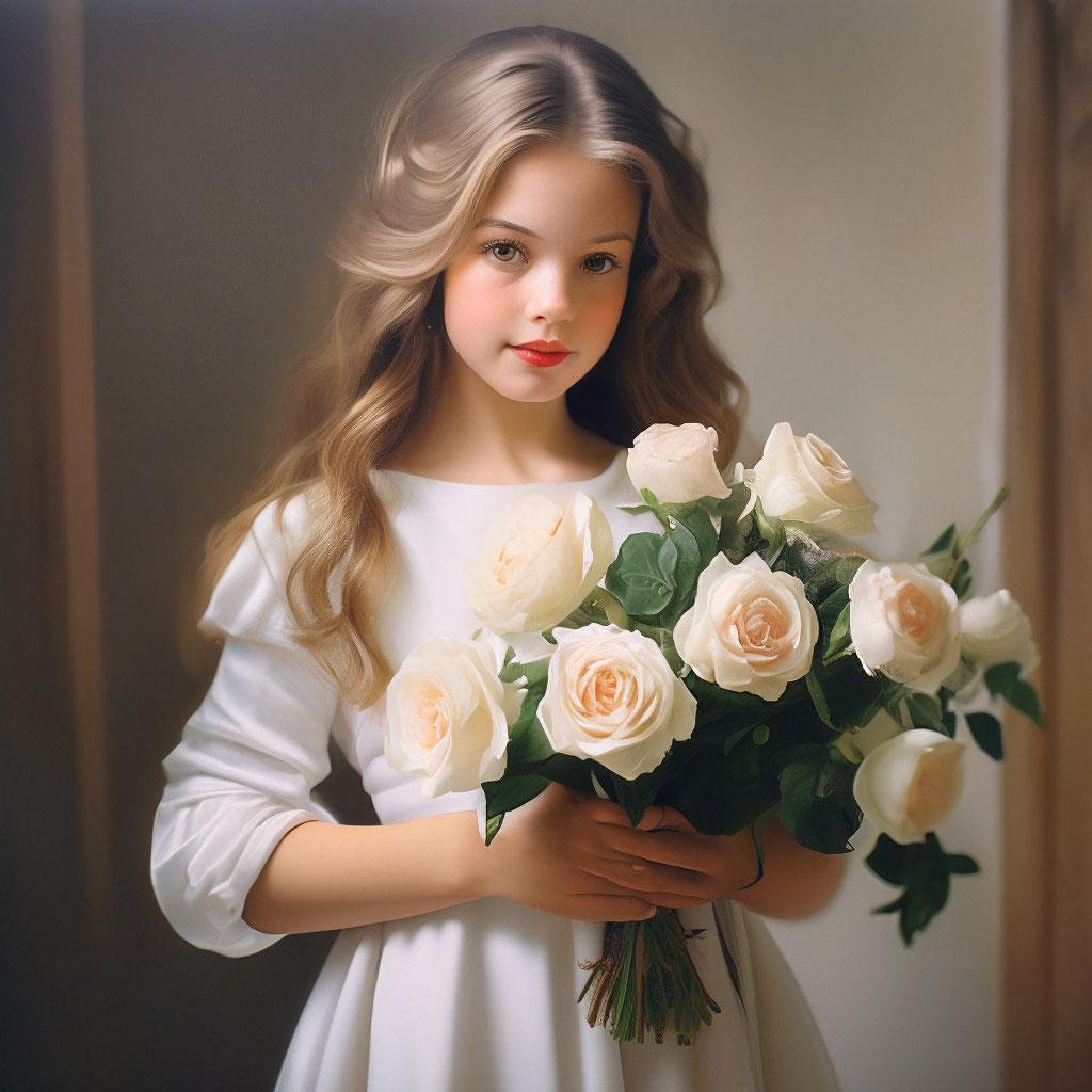 "A beautiful girl in a light white dress holds a bouquet of garden ...