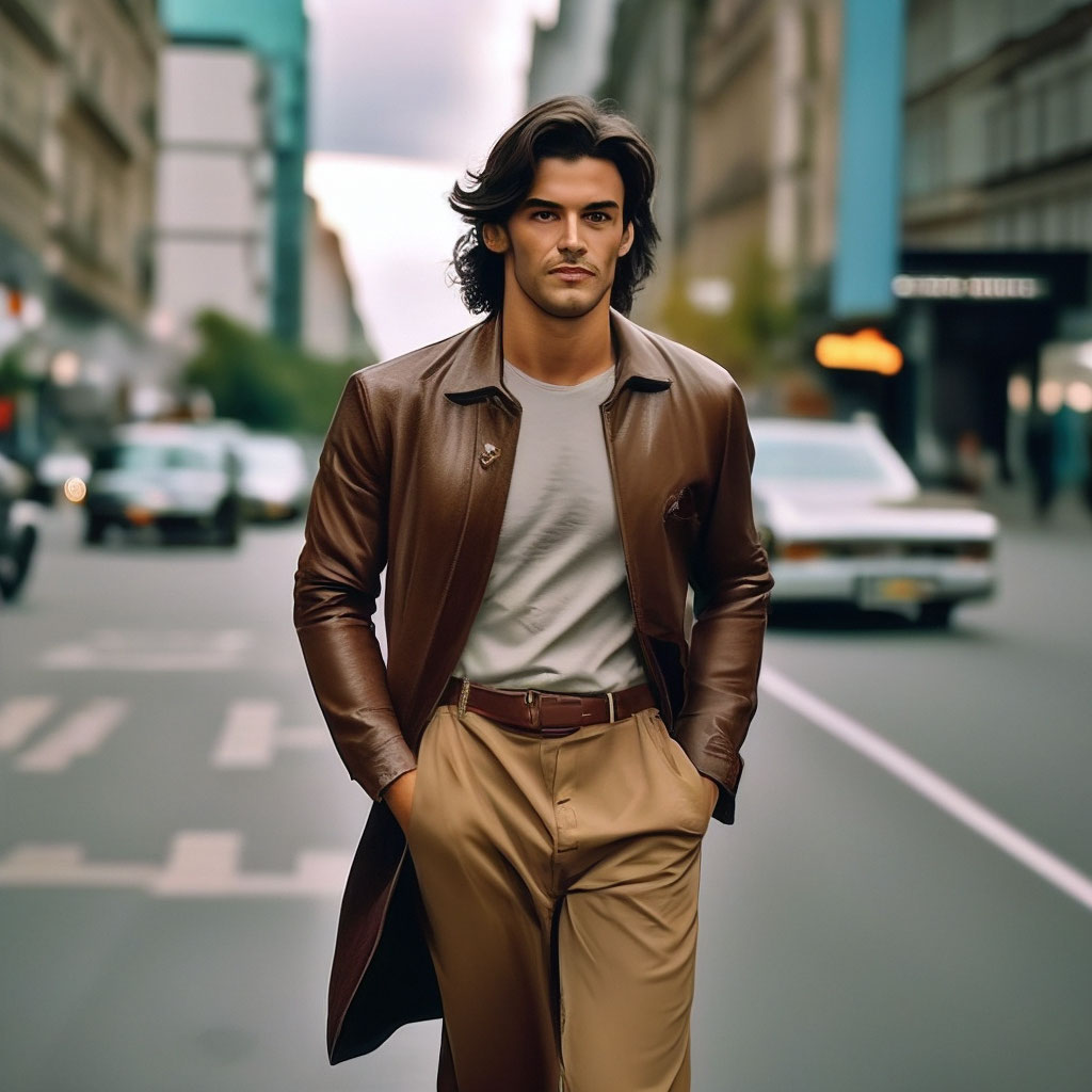 "A handsome man dressed in the style of the 90s is walking around the ...