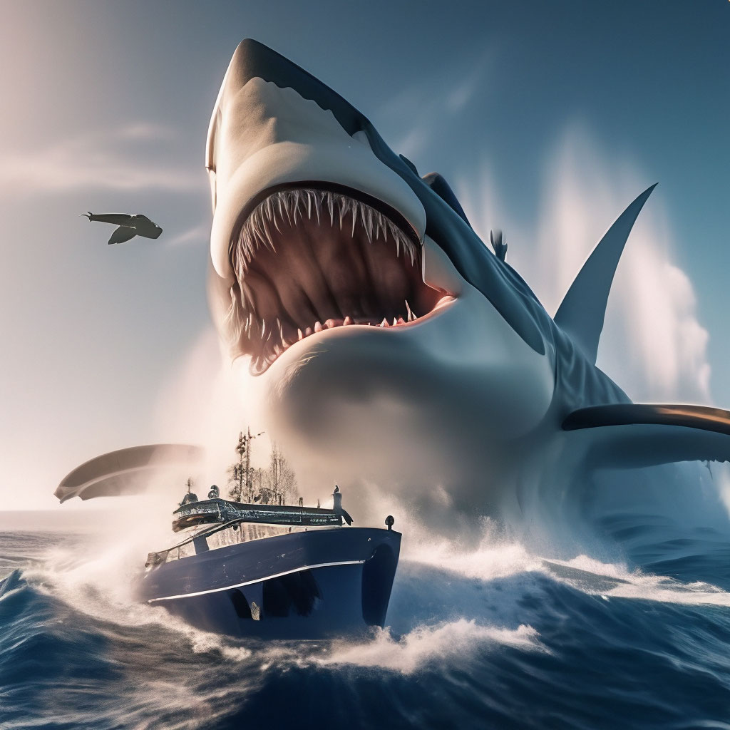 "Huge megalodon jumping vertically out of the water in the ocean ...