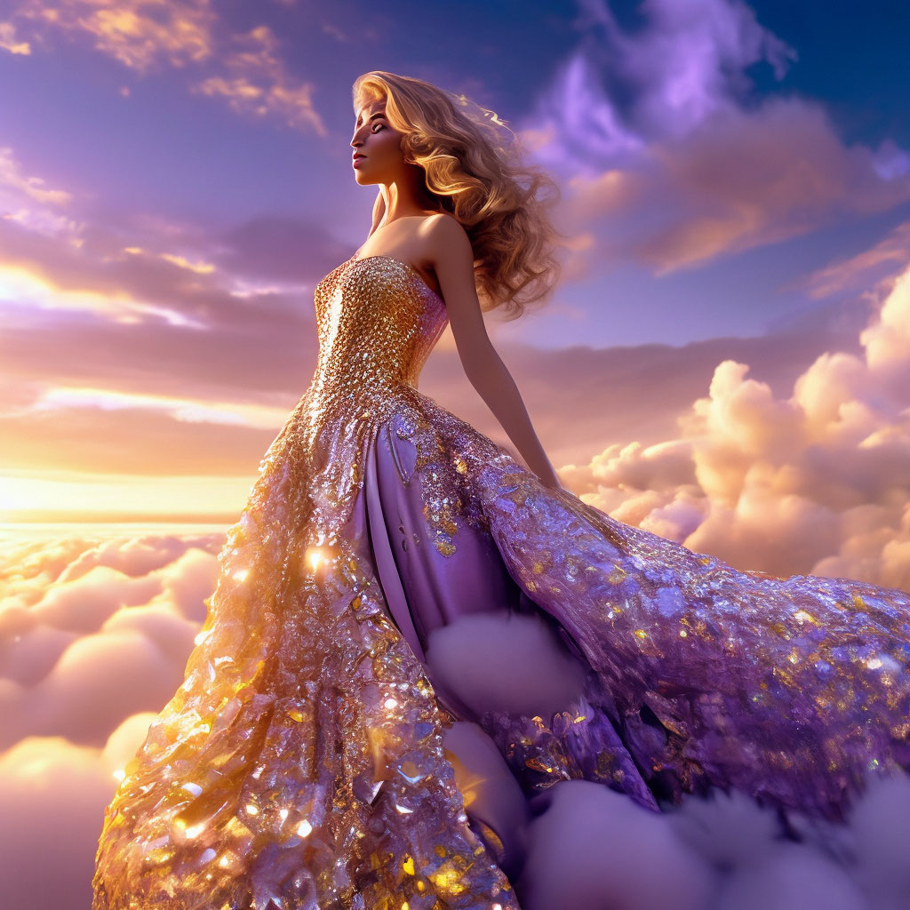 " exposition, a girl with very long curls in a chic ball gown made ...