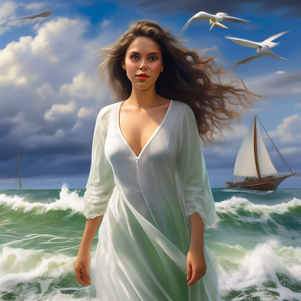 "A girl on the seashore, a sailboat in the distance,seagulls, cumulus ...