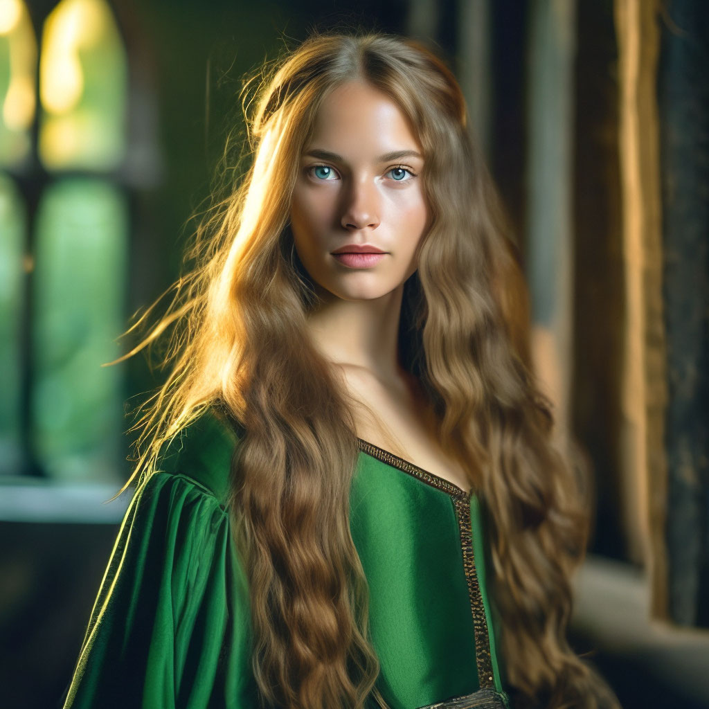 "A girl with long golden hair and green eyes in a dark green dress of ...