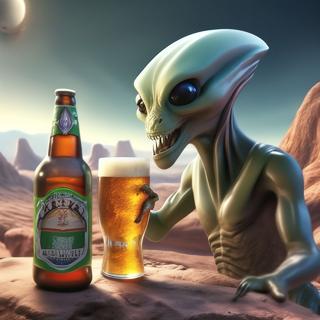 "Alien drinks beer" — image created in Shedevrum