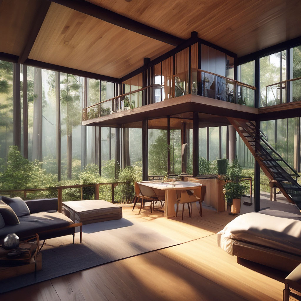 tree house, interior, apartment without walls and roof in the forest, fur