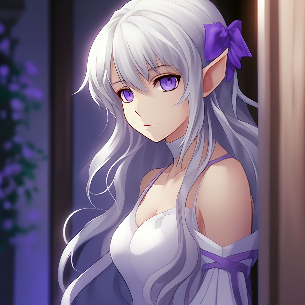 "An elf with silver hair and purple eyes in a white dress looks around ...